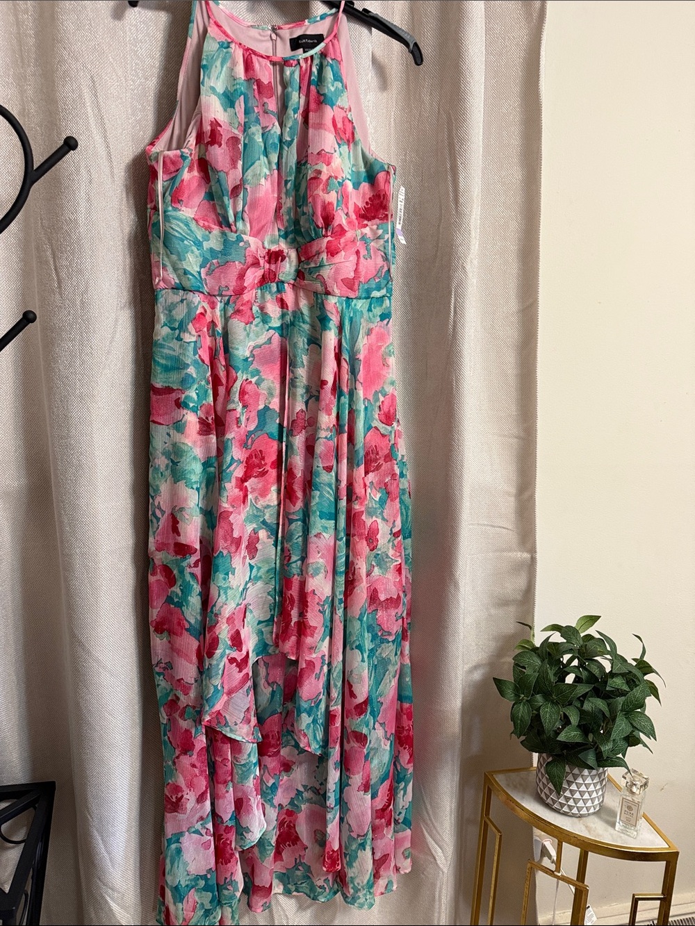 R&M Richard’s Pink and Teal Floral Halter High-Low Maxi Dress